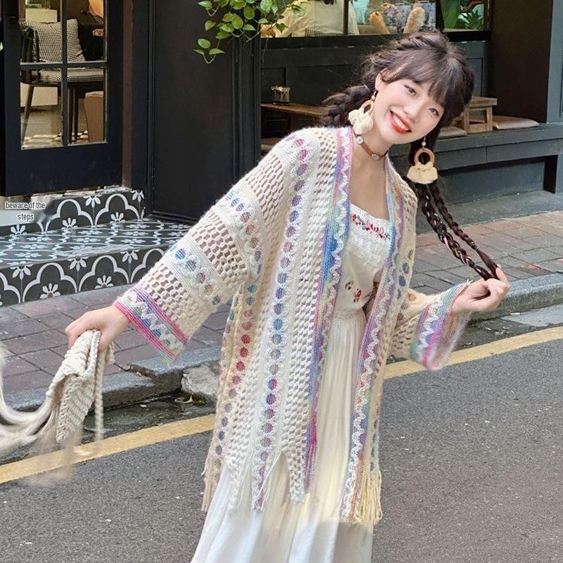 Gradient Tie-Dye Ethnic Shawl Cape - Knitted Women's High-End Travel Outerwear