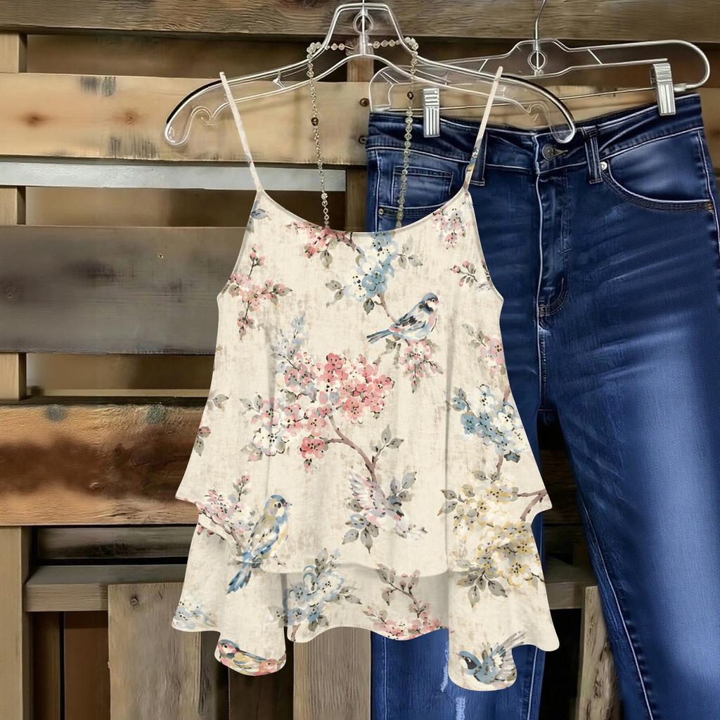 Women Strapless Floral Print Sleeveless Double Layer Camisole Top Lightweight Summer Casual Tank Blouse