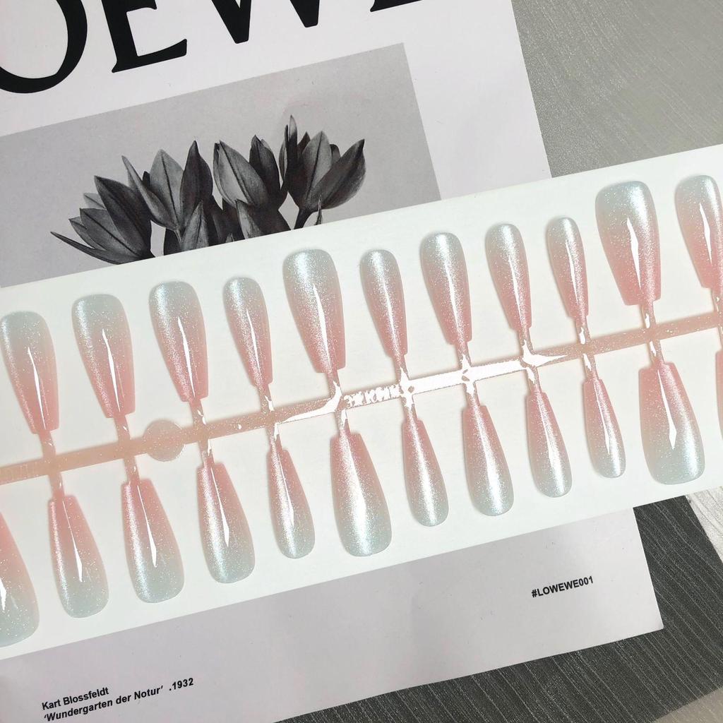 Gradient Azure Cat Eye Medium-Length Wearable Ladder Nails - Stylish Nail Art Stickers