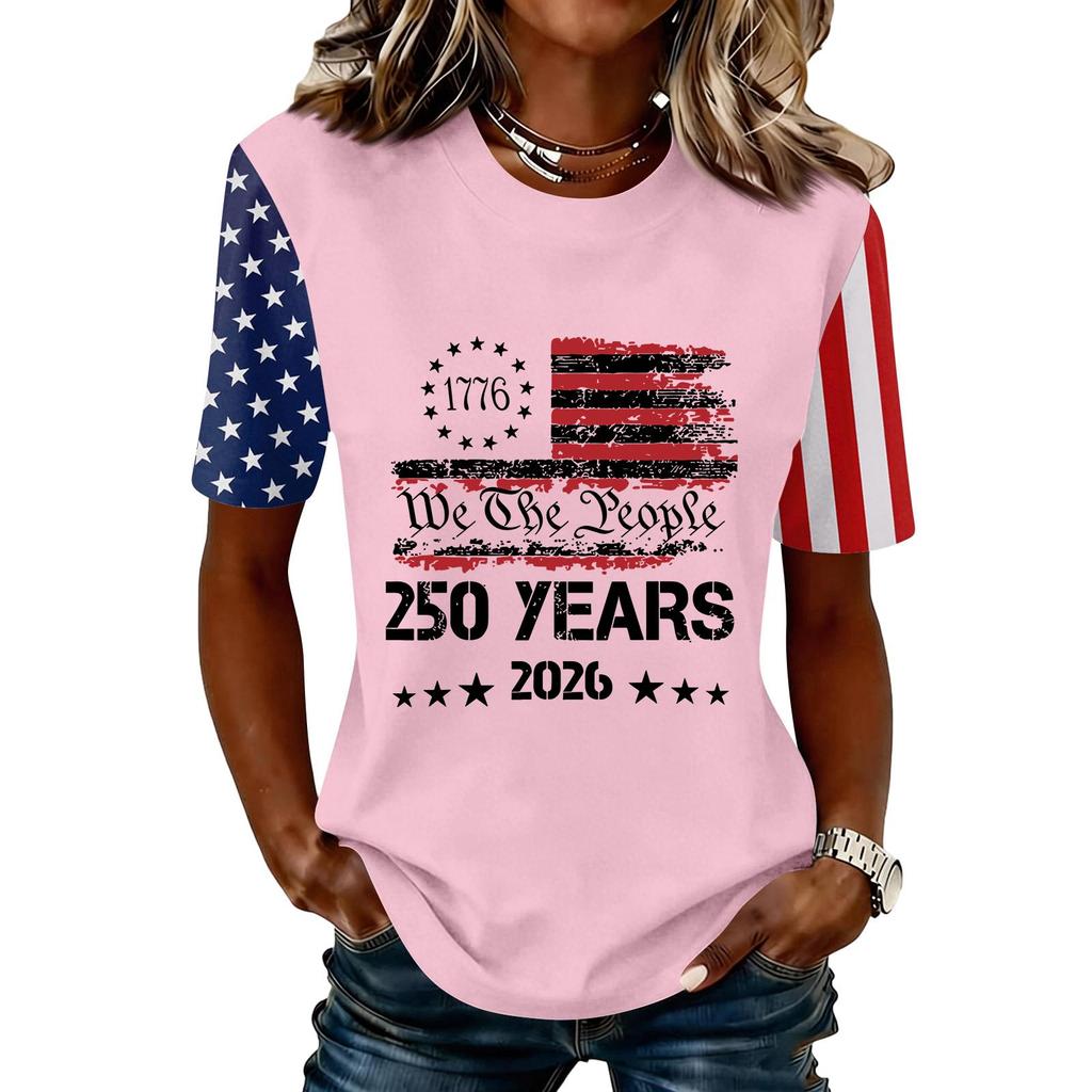 Blusa Feminina da Moda Casual de Manga Curta com Estampa e Gola Redonda