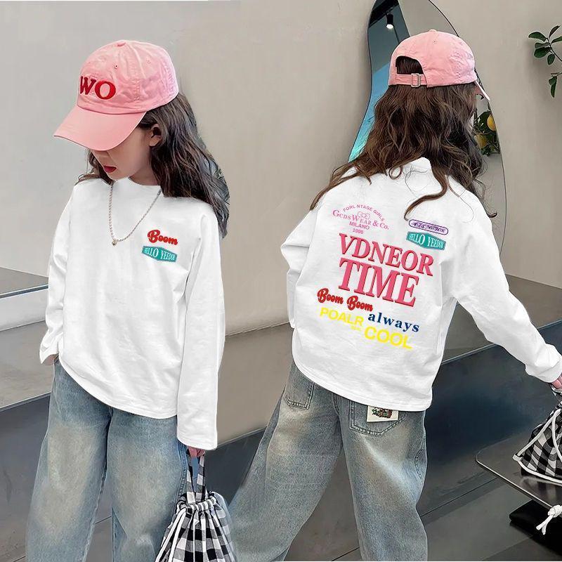 Dziewczęcy jesienny T-shirt z długim rękawem raglanowym i nadrukiem - Odzież dziecięca dla średnich i starszych dzieci