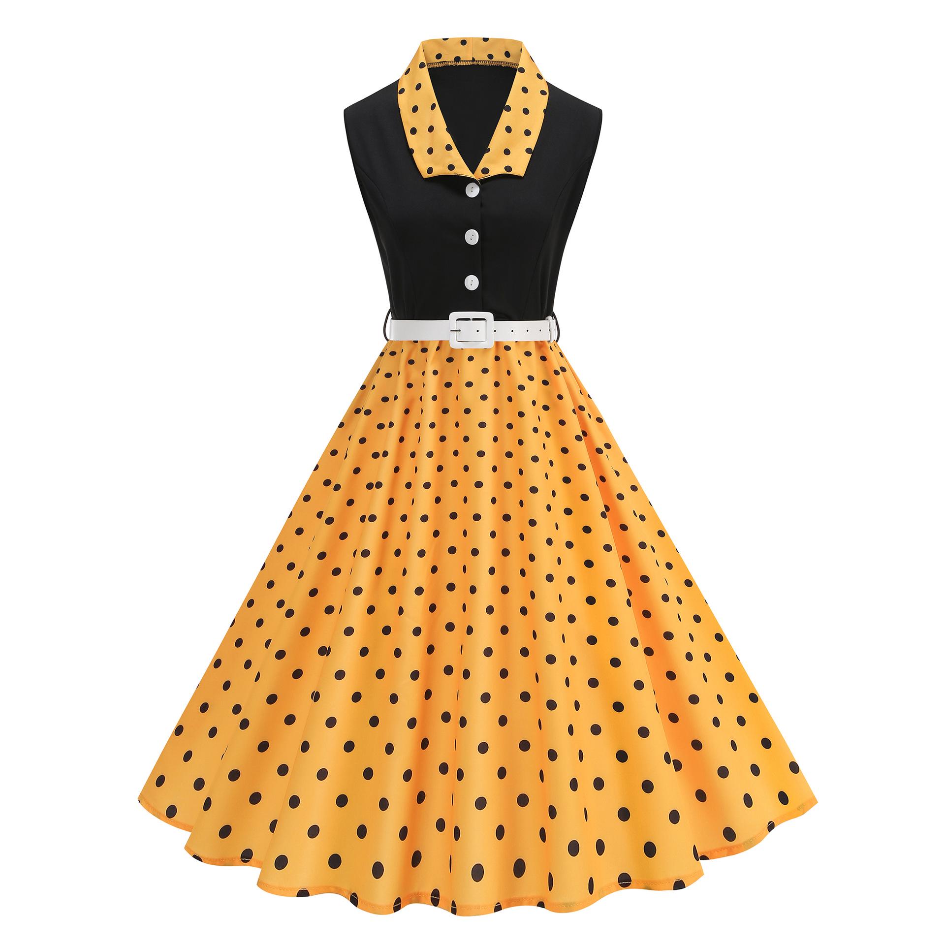 Elegant Retro Hepburn Style Polka Dot Color Block Dress 2025 Medium жёлтый