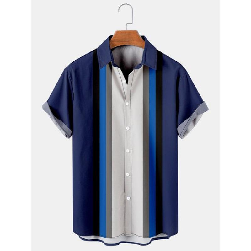 Summer new men's top striped D print men's cardigan lapel