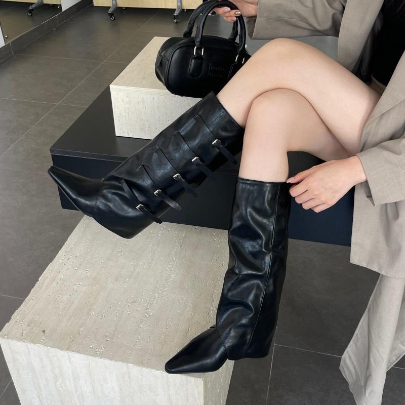 Niche Design Edition~ French Spice Girls Pointed High Heel Pants Boots Women's Retro Belt Buckle Long Wedge Heel Knight Boots