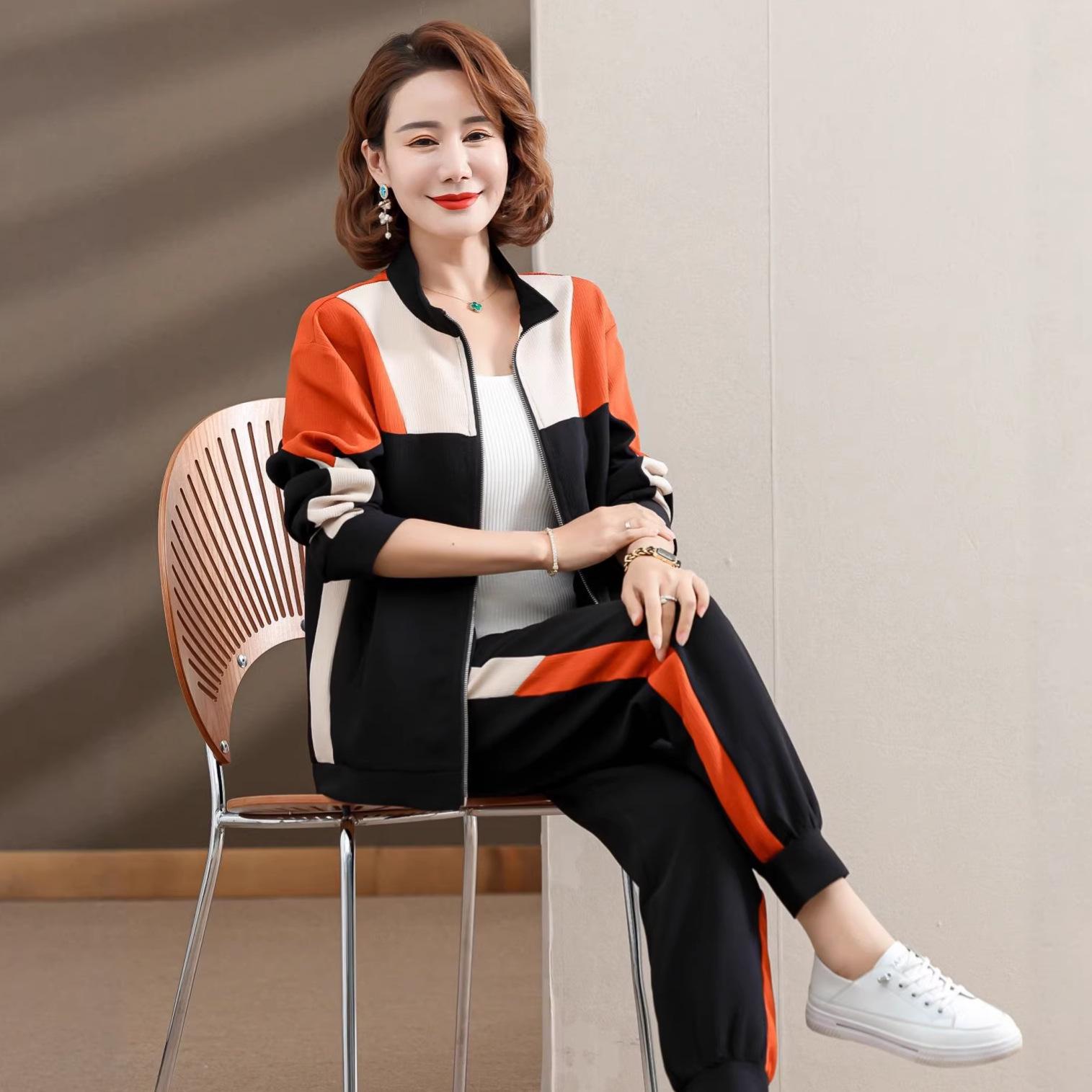 

Spring Casual Color Block Two-Piece Suit: Loose Jacket and Trousers for Middle-Aged and Elderly Women XL [105-120 kg]
