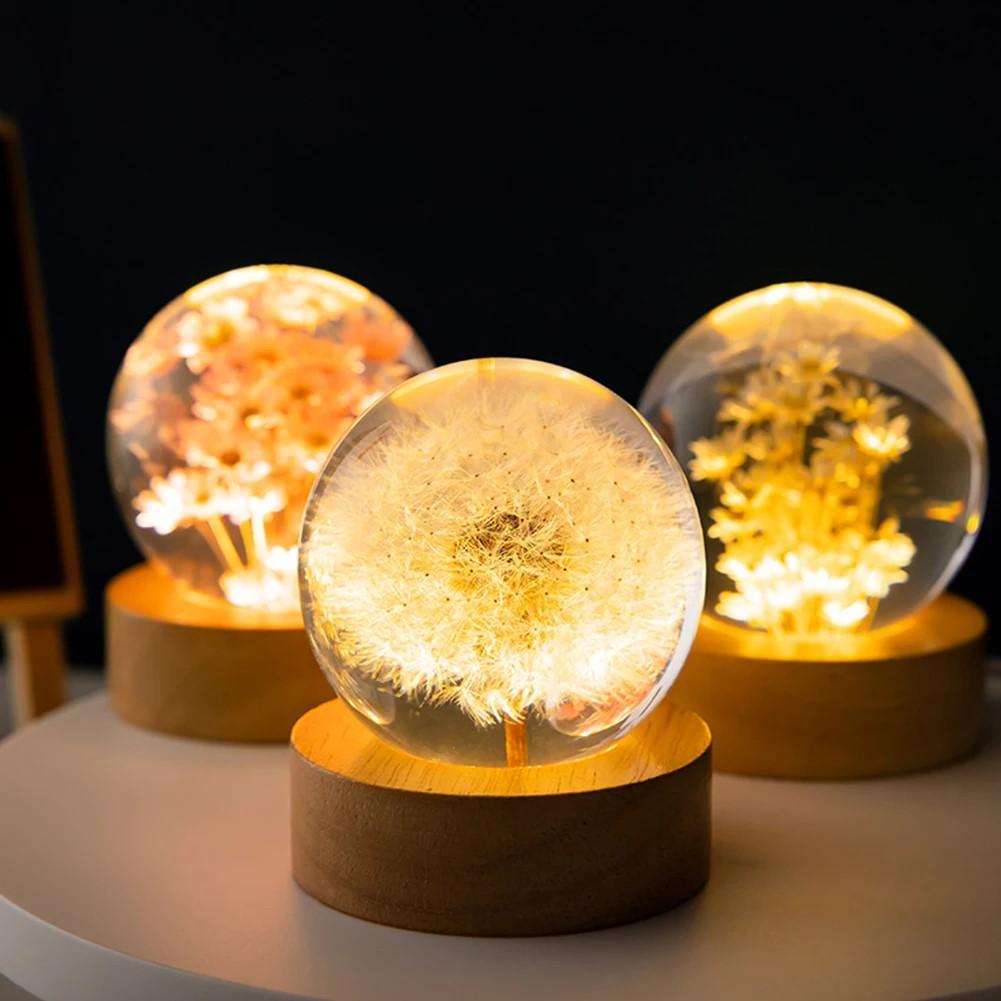 Crystal Ball Night Lights 3D Dandelion Luminous Table Lamp Bedroom Home Decor for Kids Party Children Birthday Gifts Flower Lamp