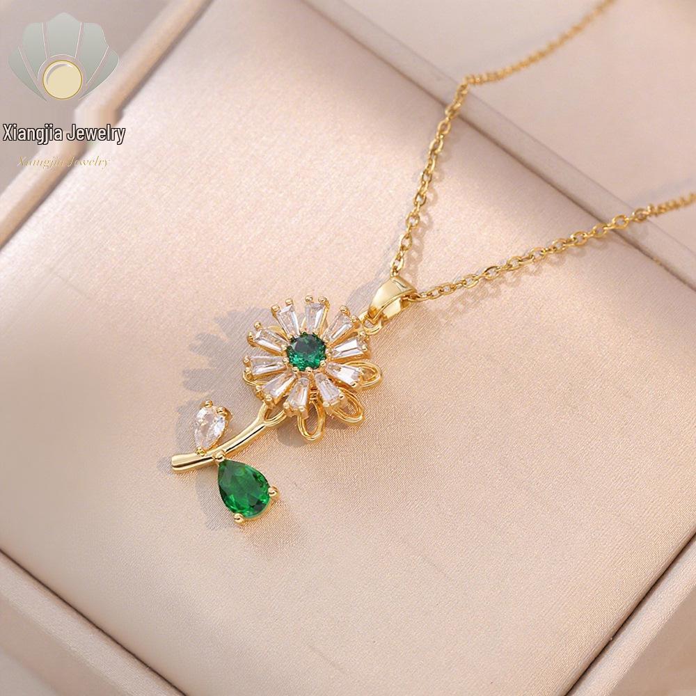 Emerald Sunflower Zircon Necklace: Women's Luxury Rotatable Ring Design