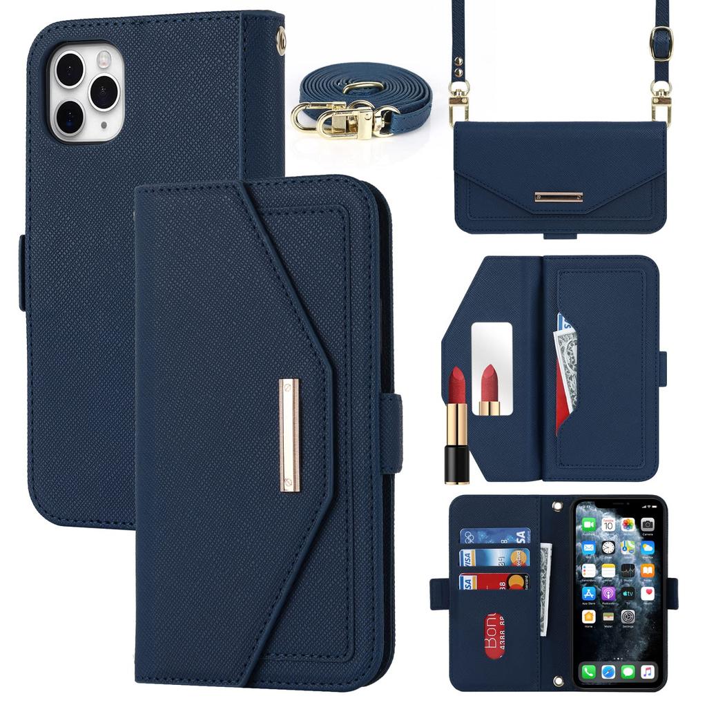 Hamany iPhone 11 Pro Shoulder Case with with Card or Crossbody Shockproof Leather iPhone 11 Pro Case Cover Blue Mirror, Wallet-Style Strap, Mirror,