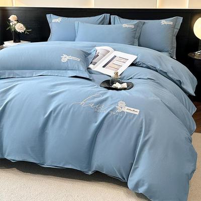 Luxury Pure Cotton Flannel Four-Piece Bedding Set: Solid Color Embroidered Bed Sheet & Duvet Cover Gift.