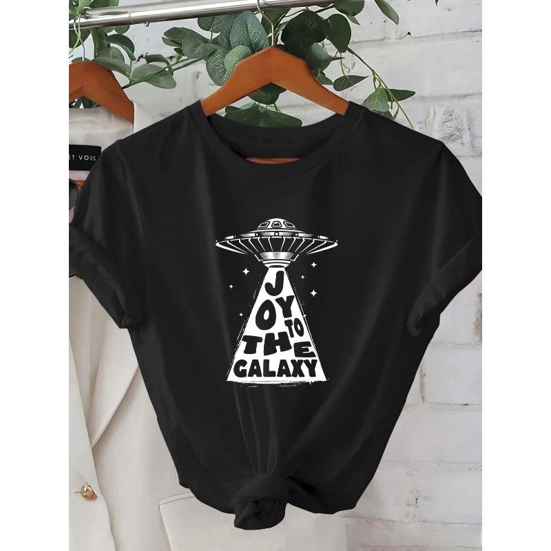 

Women S Summer Short Sleeve T-Shirt,Geometric Alien Spaceship Print with Joy to the Galaxy | Casual Street Style | Youthful Design | Comfortable Fit S чёрный