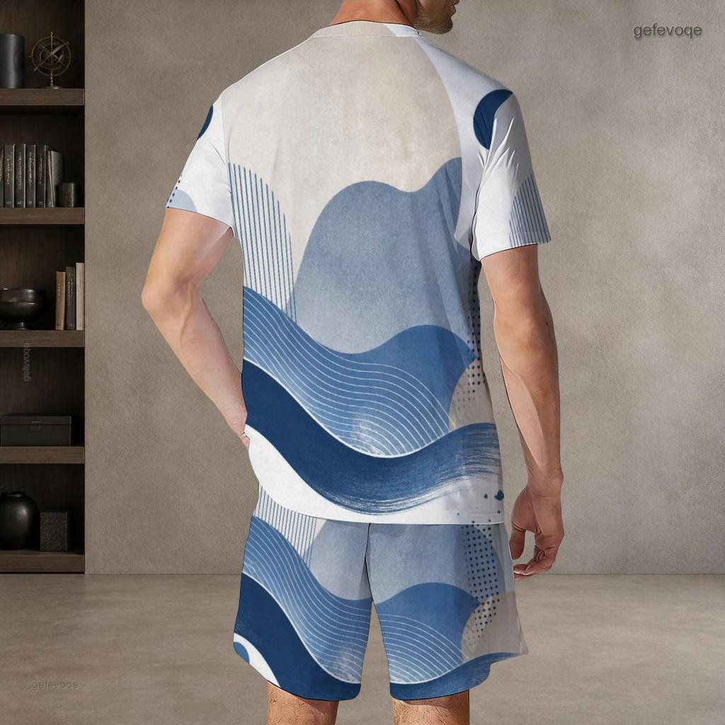 Men Plus Size Colorful Printed Round Neck Short Sleeve Top And Pocket Shorts Two Piece Set