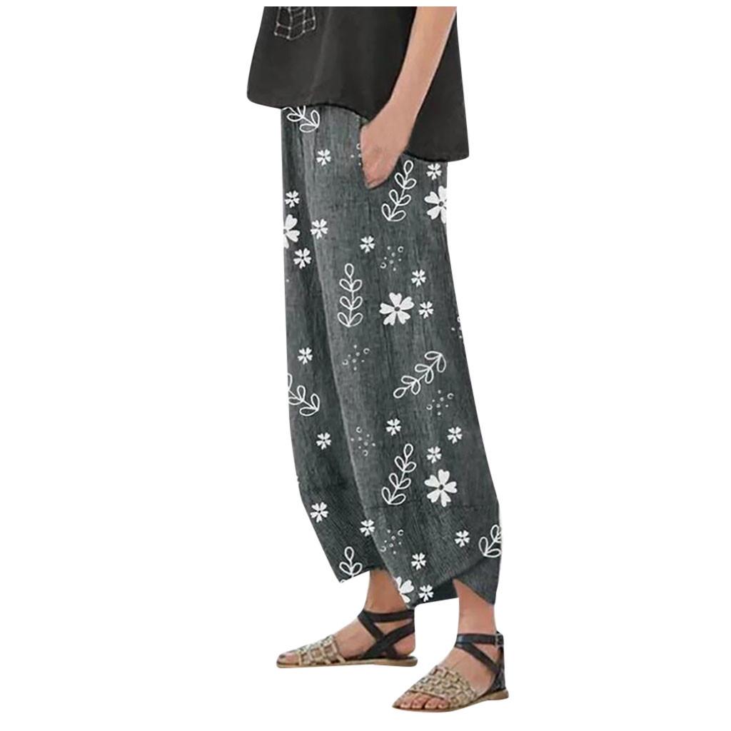 Women Casual Loose Floral Print Cotton Linen Elastic Waist Pocket Wide Leg Pants