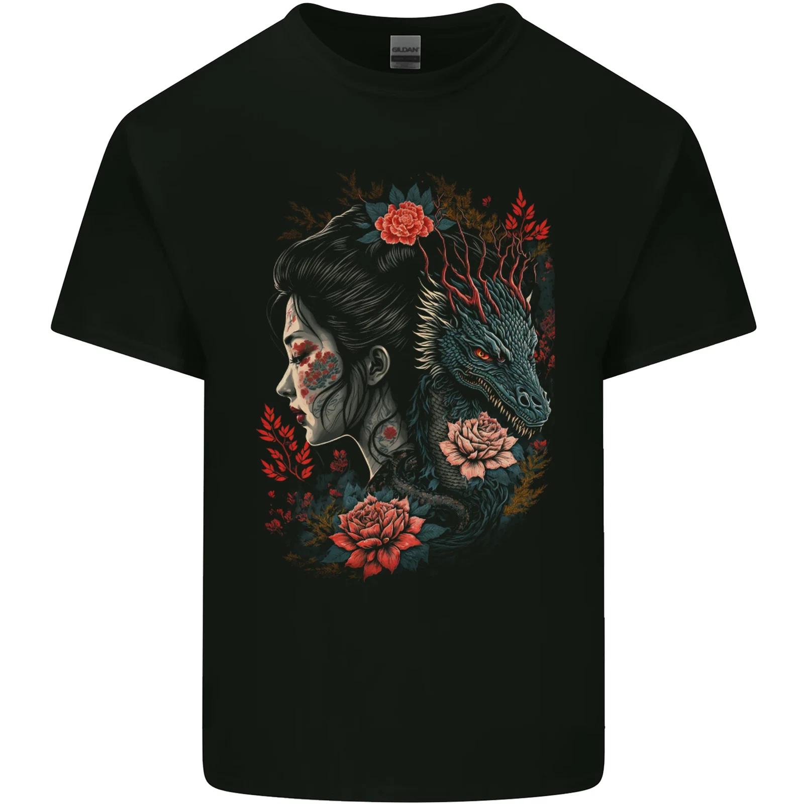 Fantasy Geisha Girl With Dragon & Roses Kids T-Shirt Childrens S