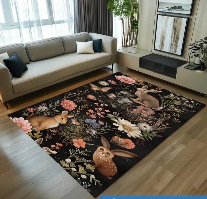 Woodland Peacock Accent Rug-Wildlife Carpet-Charcoal Nature Rug-Forest Rabbit Throw Rug Tones Area Mat-Botanical Magic Runner