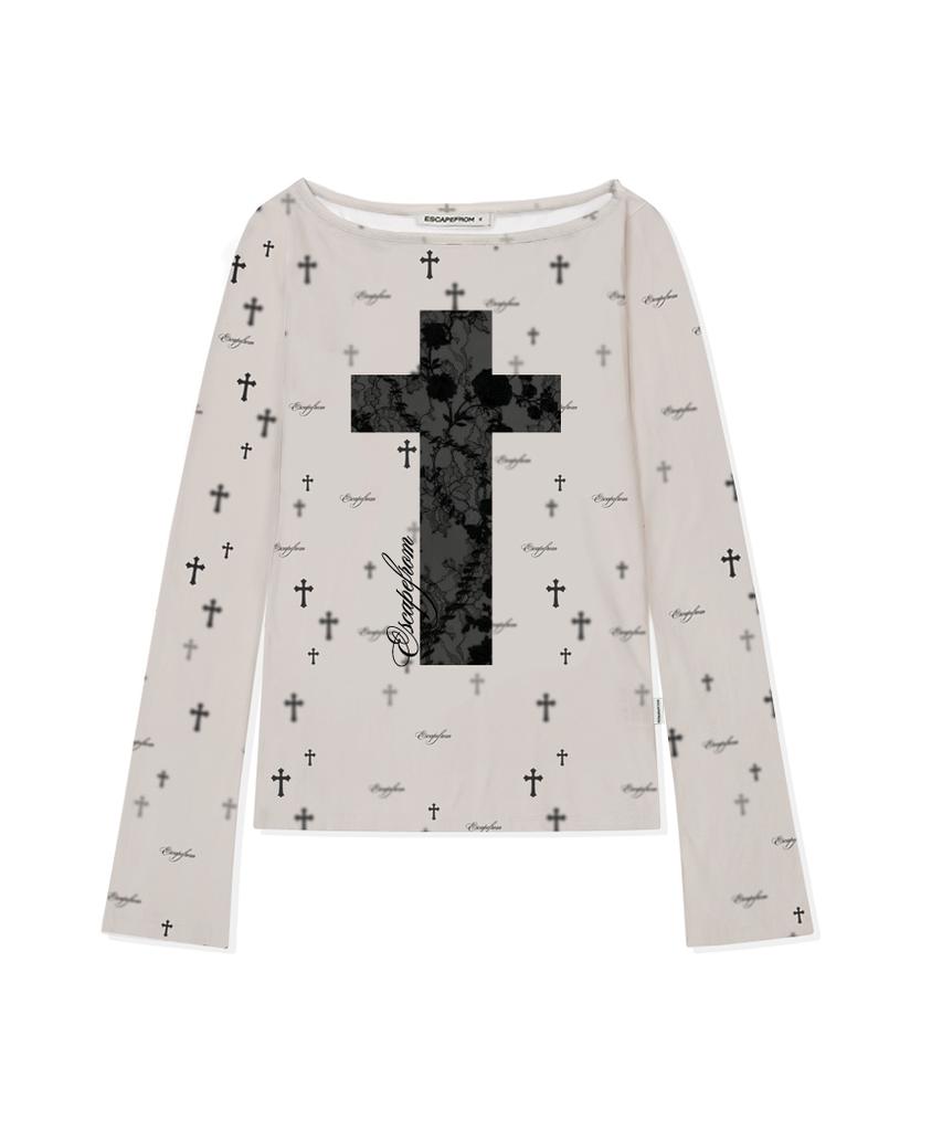 ESCAPEFROM Lace Road Blurcross Full Print Slim Fit Long Sleeve Beige