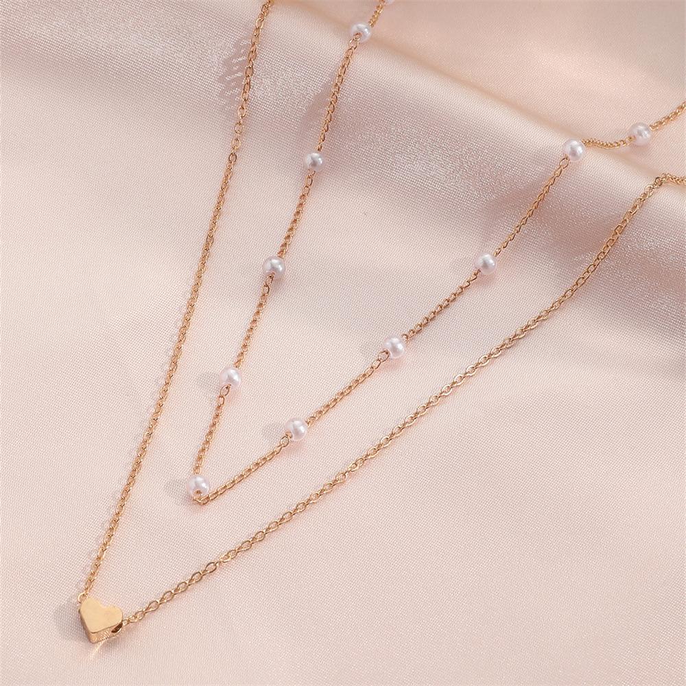Imitation Pearl Love Pendant Necklace Versatile Clavicle Chain Women'S Vintage Double Layer Stacked Necklace