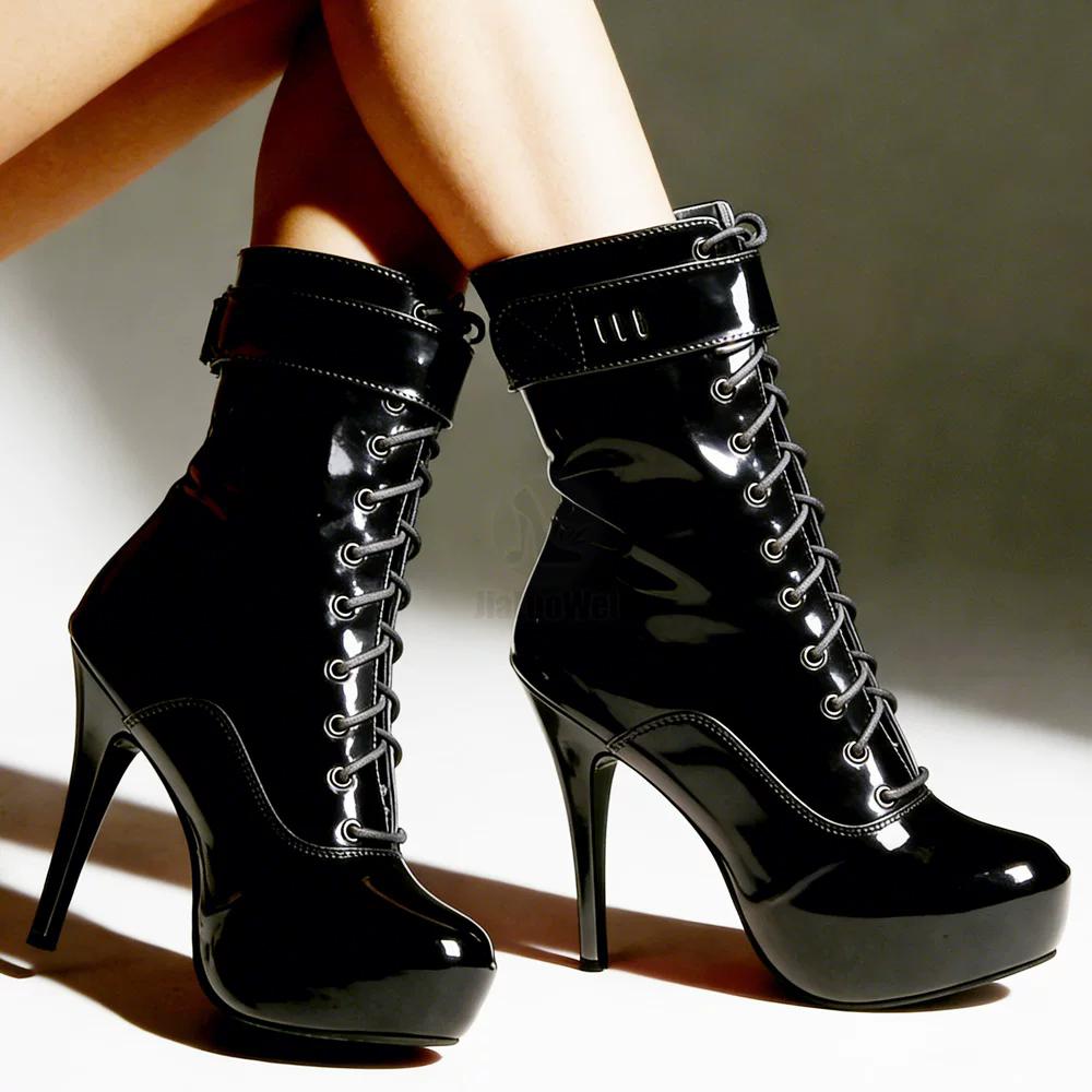 JiaLuoWei 15CM High Heel Lace Up Platform Lockable Strap Sexy Women Ankle Boots Size 36-46
