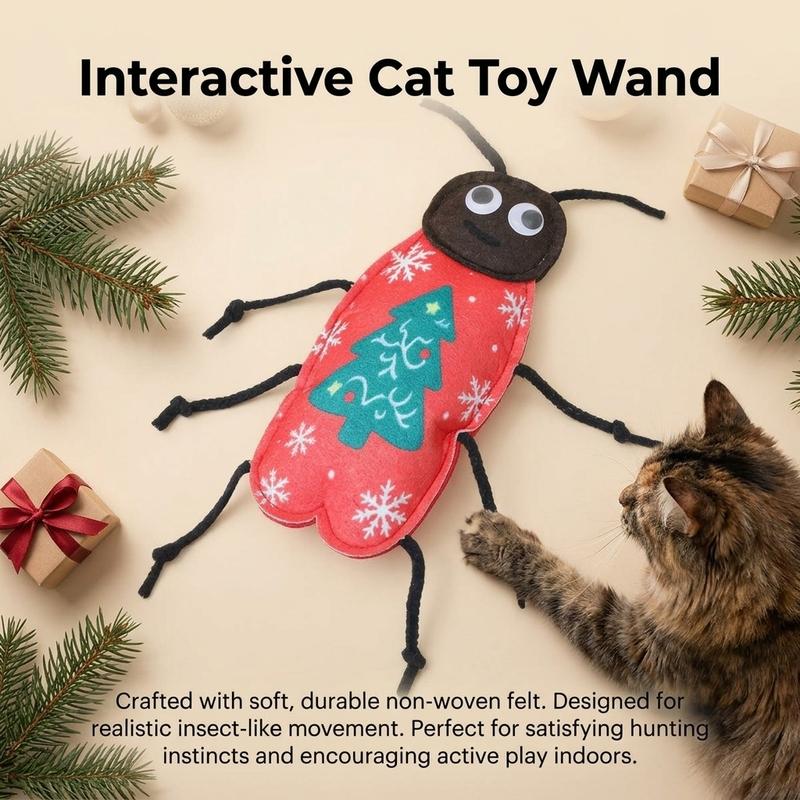 Interactive Cat Wand Toy with Built In Bell and Natural Catnip-Bionic Cockroach Teaser Non Woven Fabric Bite Resistant Kicker