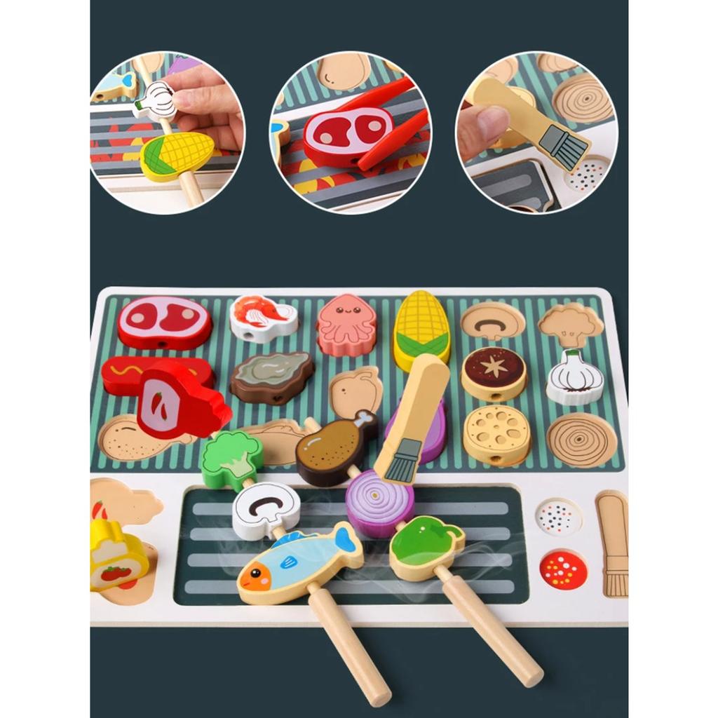 Children Barbecue Food Kitchen Toys Miniature Food Pretend Play Matching Cutting Games Toddlers Montessori Education Wooden Toy