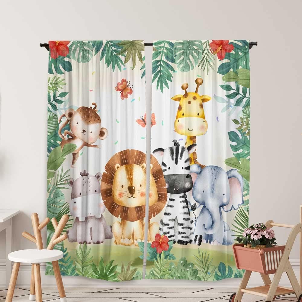 Cartoon Animal Curtain For Kids Boys Girl Forest Lion Elephant Monkey Zebra Jungle Zoo Art Print Window Drapes Blackout Curtains