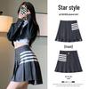 Wang Xinling High-Waisted Pleated Skirt: Short Front, Long Back, 4-Stripes, Slimming A-Line Mini Skirt.