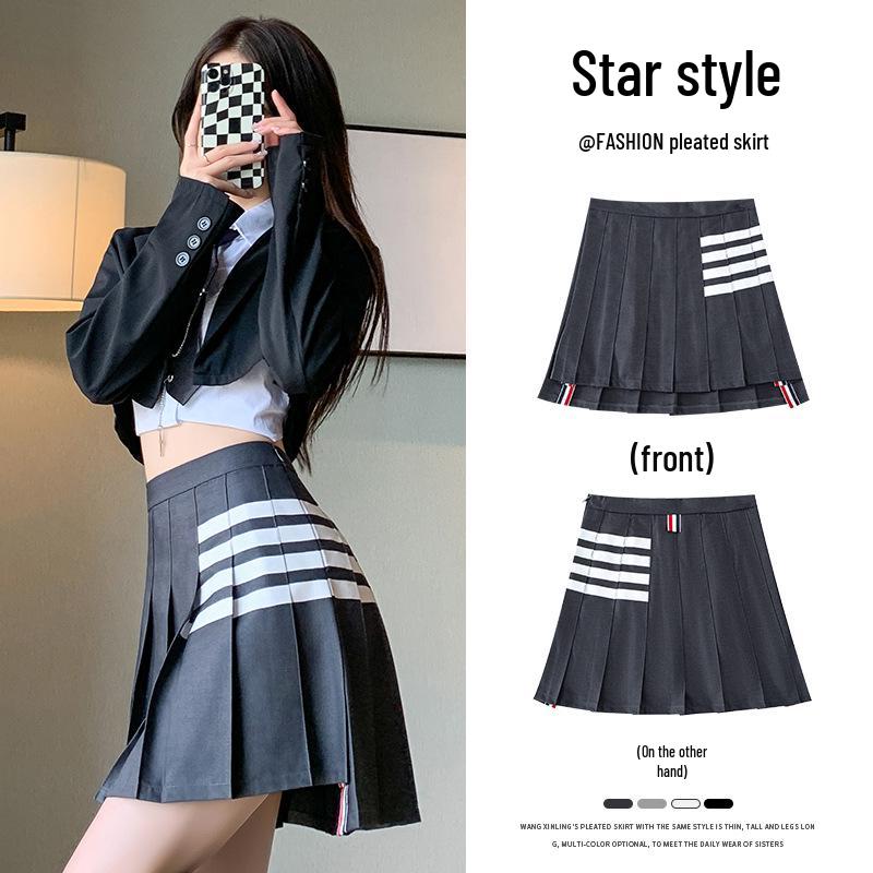 Wang Xinling High-Waisted Pleated Skirt: Short Front, Long Back, 4-Stripes, Slimming A-Line Mini Skirt.