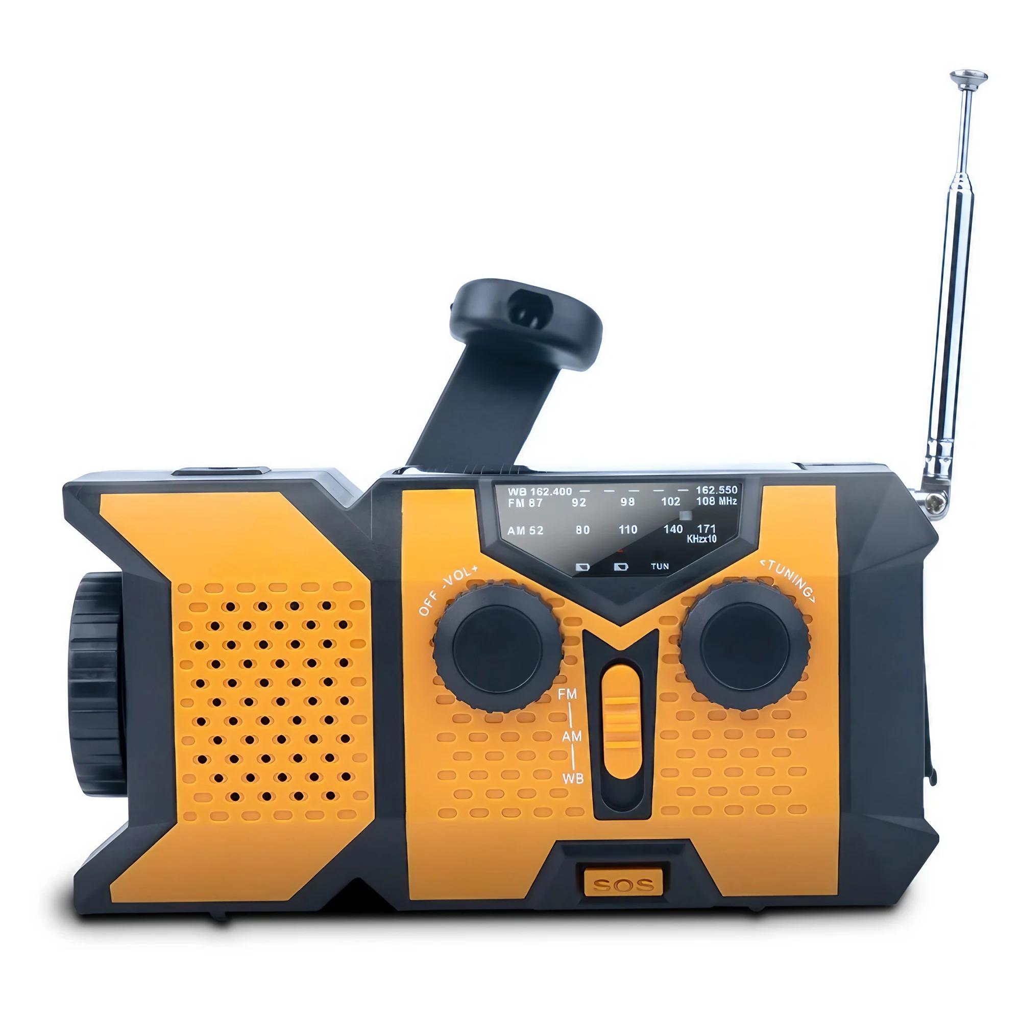 

Аварийное радио с ручным заводом и солнечной батареей, со светодиодным фонариком, портативное погодное радио AM/FM/NOAA с мобильным аккумулятором 2000 мАч для зарядки телефона оранжевый