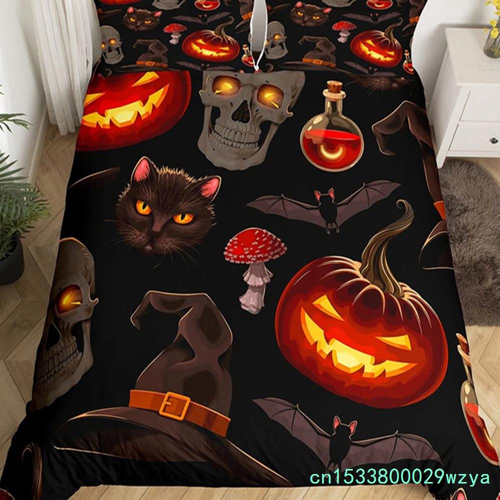 Capa de edredom fofa de gato de Halloween, conjunto de cama de castelo misterioso para crianças, adolescentes, microfibra, floresta enevoada, morcego, colcha, roupas de cama queen