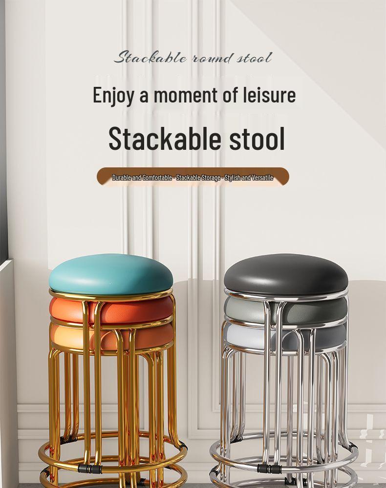 Sturdy Steel Frame Upholstered Round Stool - Soft, Simple Design for Dining or Kitchen Storage.