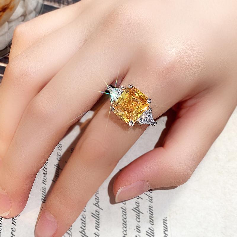 Internet Celebrity Female Ring, Imitation Citrine Colored Treasure Zircon Ring Female, Ice Flower Sugar Cube Temperament Ring