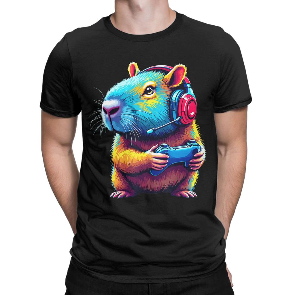 Capybara Gamer Funny Video Games Capybara TShirt Men  Casual Pure Cotton Tee Shirt Round Collar Short Sleeve T Shirts 6XL