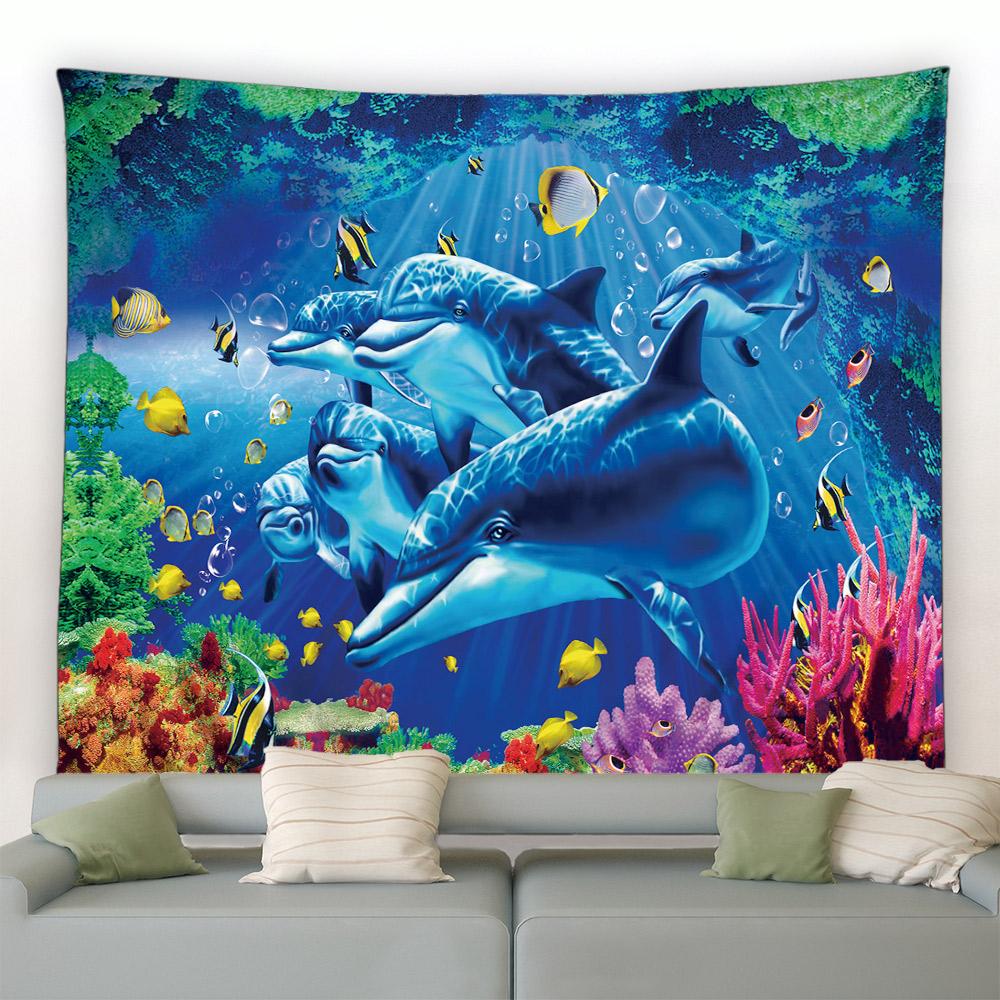 New Sea Animals Dolphin Decorative Tapestry Tropical Fish Turtle Coral Cave Underwater World Home Decor Aesthetics