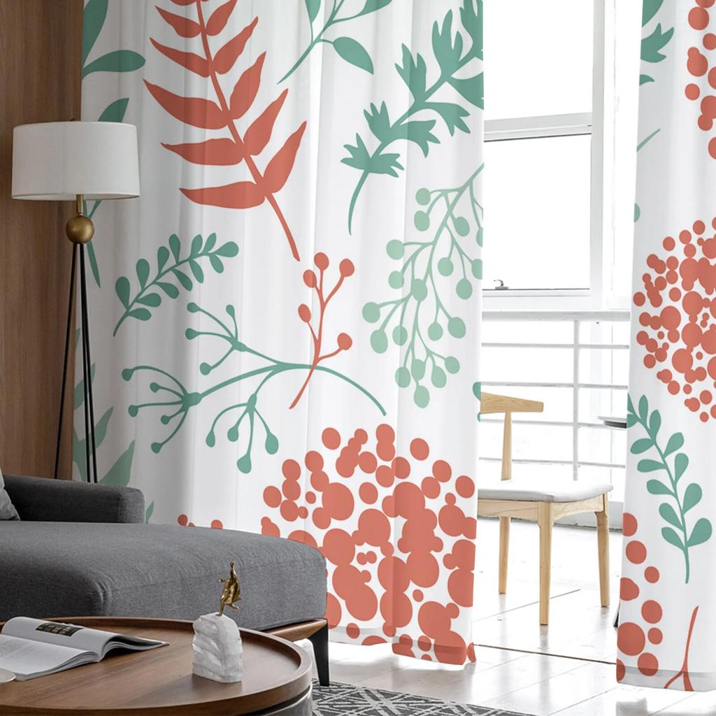 Perdele din tul cu flori roșii cu frunze verzi cu plante pentru sufragerie, bucătărie, dormitor, tul transparent pentru cafenea, hotel, decorațiuni moderne
