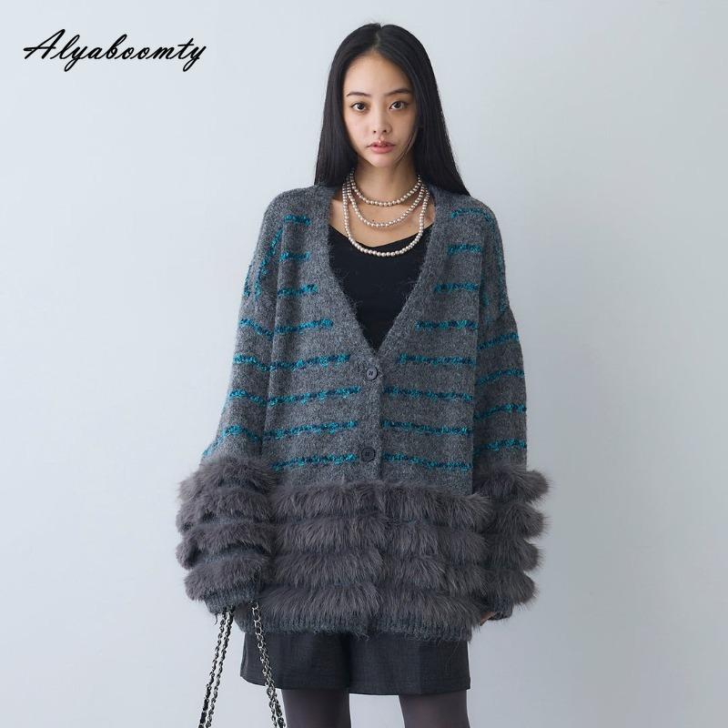 Korean Style Autumn Winter Women Knitting Cardigan V Neck Grey Brown Beige Loose Oversized Striped Knitted Outerwear With Faux Fur Trim
