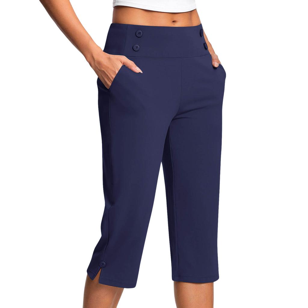 Women's Fashionable Solid Color Button Pocket Pants with Split Hems High Waist Sports Yoga Casual Cropped Pants