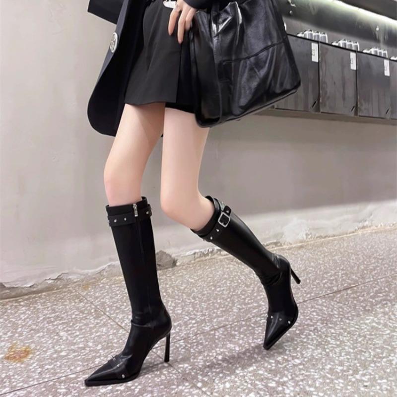 Temperament Stiletto High Boots Women's Fashion Pointed Toe Rivet Side Zipper Anti-Slip Wear-Resistant Single Boots