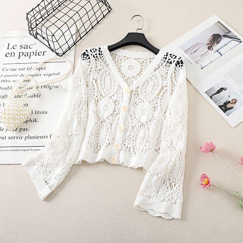 Fashion V-neck Single Breasted Crocheted Flower Cut Out Knitting Cardigan Outer Long-Sleeves Air Conditioning Shirt Sun Protection Clothing for Women