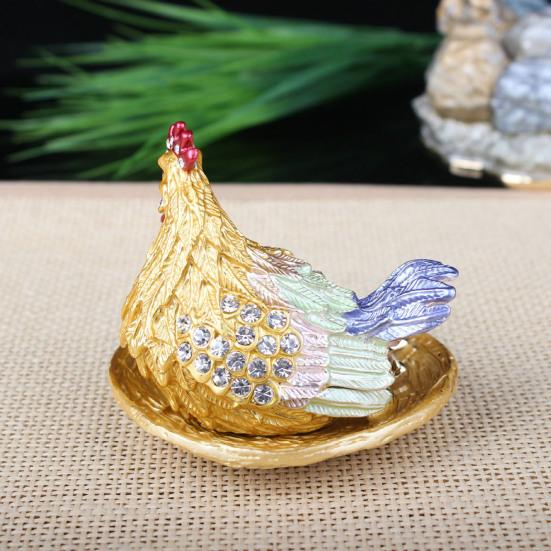 Rhinestone Chick Figurine Metal Simulated Hen Key Trinkets Jewelry Box Container Holder Home Office Desktop Decoration Ornament