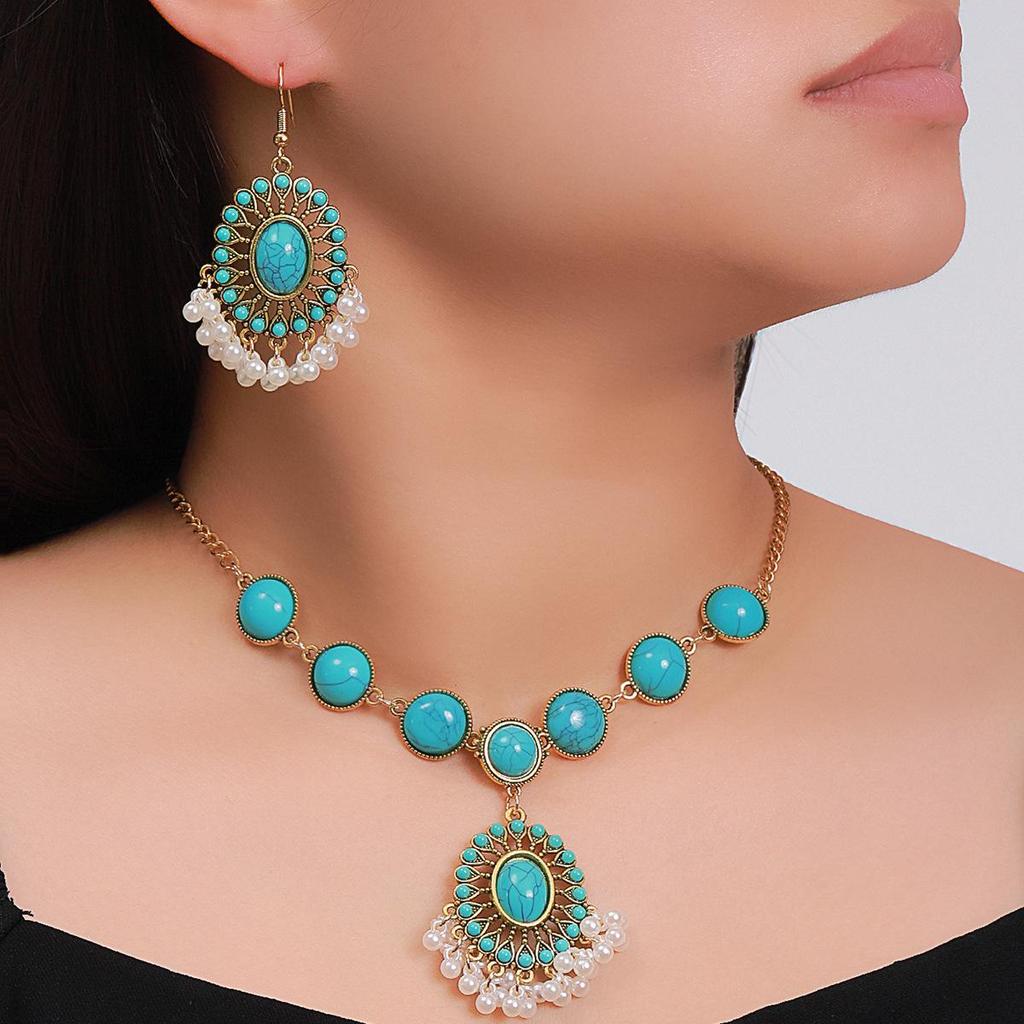 Turquoise Tassel Necklace & Earrings Retro Pearl Set