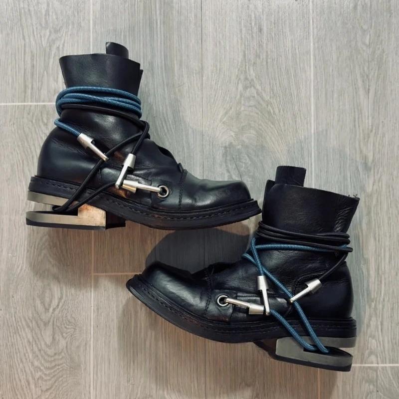 Fashion Men's Genuine Leather Motorcycle Boots Strange Metal Chunky Heel Mid-Calf Round Toe Elastic Band Western Boots Women