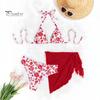 Floral Three-piece Bikini 3Pcs/Set Swimsuit Set Halter Chest Pads No Underwire Bra Swimming Briefs Personalized Print Sheer Trim Cover Up Skirt Split