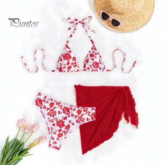 Floral Three-piece Bikini 3Pcs/Set Swimsuit Set Halter Chest Pads No Underwire Bra Swimming Briefs Personalized Print Sheer Trim Cover Up Skirt Split