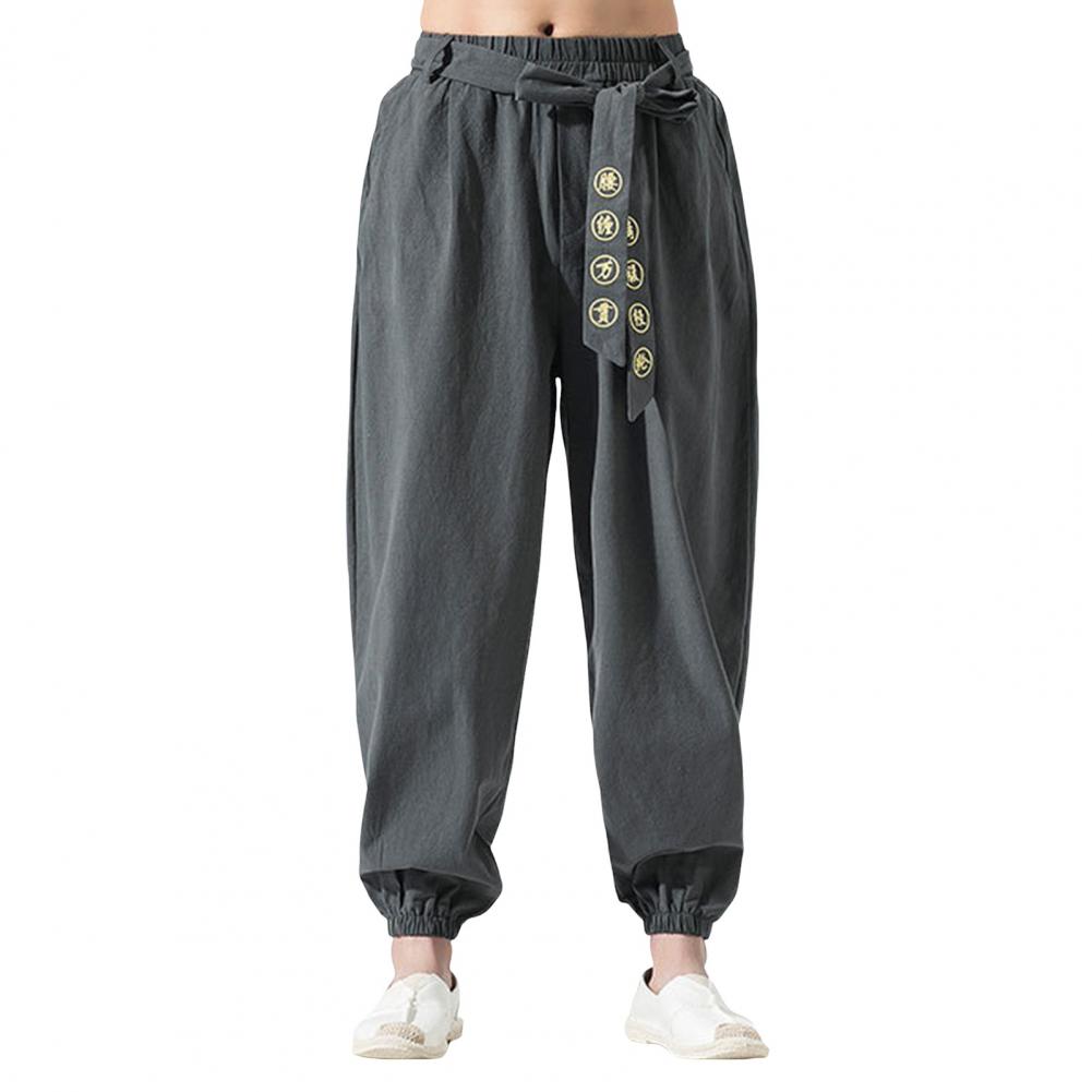 Herren Haremshose mit Gürtel und elastischer Taille im Retro-chinesischen Stil, Stickerei, lockere Plissee-Einfarbige, lange Hose mit Knöchelband
