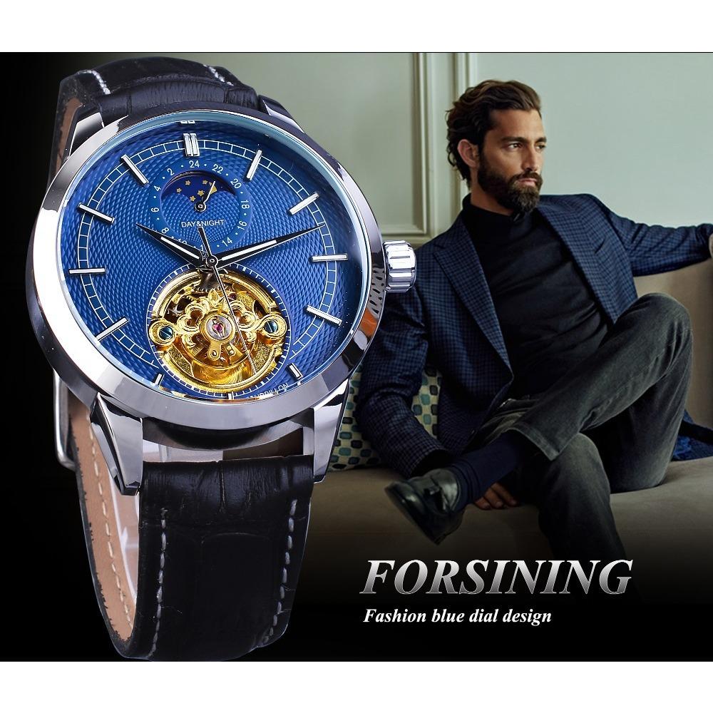 Forsining Men's Fashion Casual Hollow Moon Phase Carved Hollow Automatic Mechanical Watch GMT1177-2-A