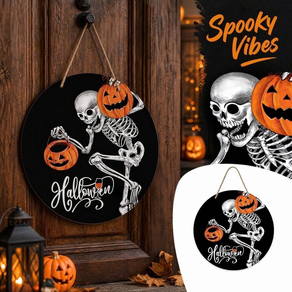 Halloween Wooden Hanging Decor for Party, Home, Garden and Yard - Rustic Wooden Hanging Ornaments for Holiday Decoration
