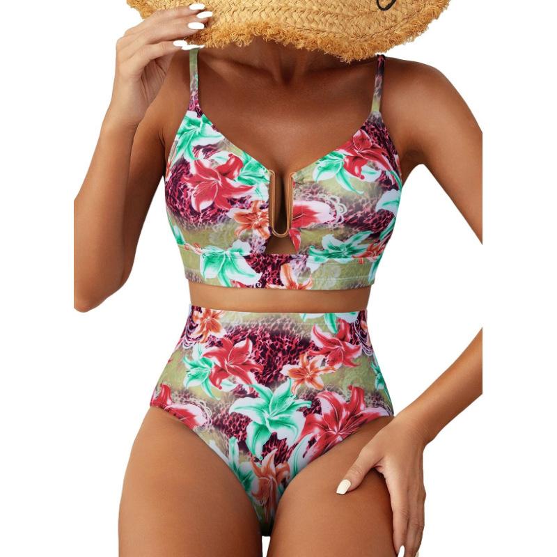 Women Floral High Waisted Bikini U Metal Ring Front Two Piece Spaghetti Strap Beach Swimsuit