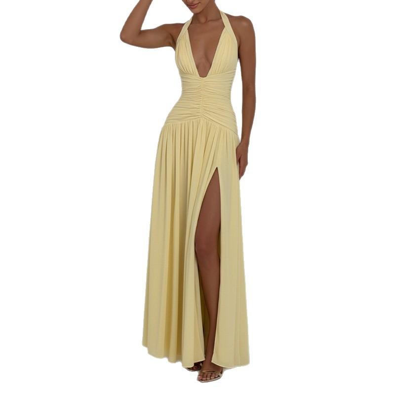 2026 European and American Summer New Dresses, Elegant Temperament Banquet Solid Color Split Deep V-neck Dress