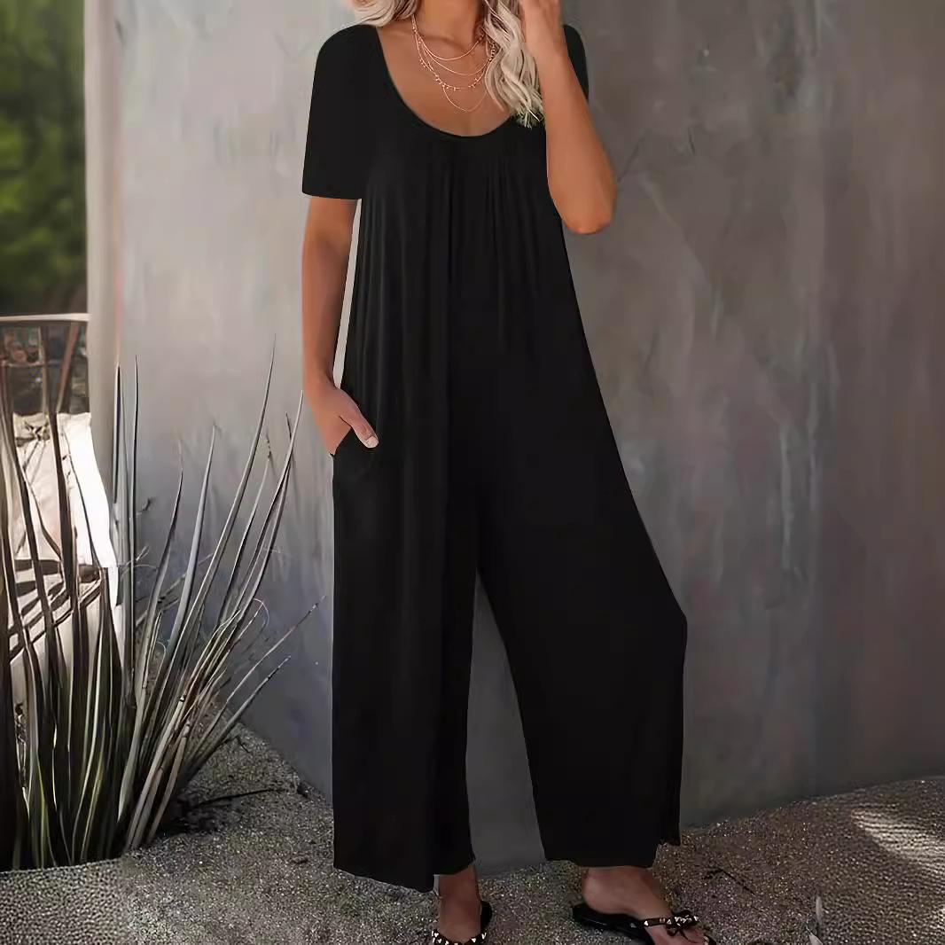 

Women s Solid-Color Summer Loose-Fit Trousers with Side Pockets, Casual Short-Sleeve Plus-Size Jumpsuit M чёрный
