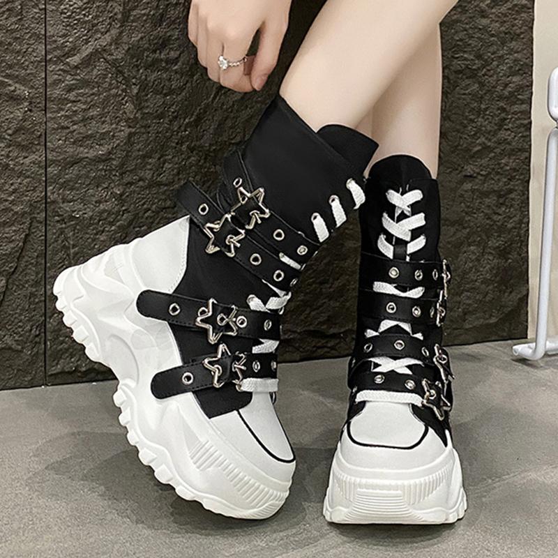 Modische Klobige Plateau-Stiefel Damen Punk Stern Schnallenriemen High Top Sneakers Frau Herbst Winter Dicke Sohle Motorradstiefel