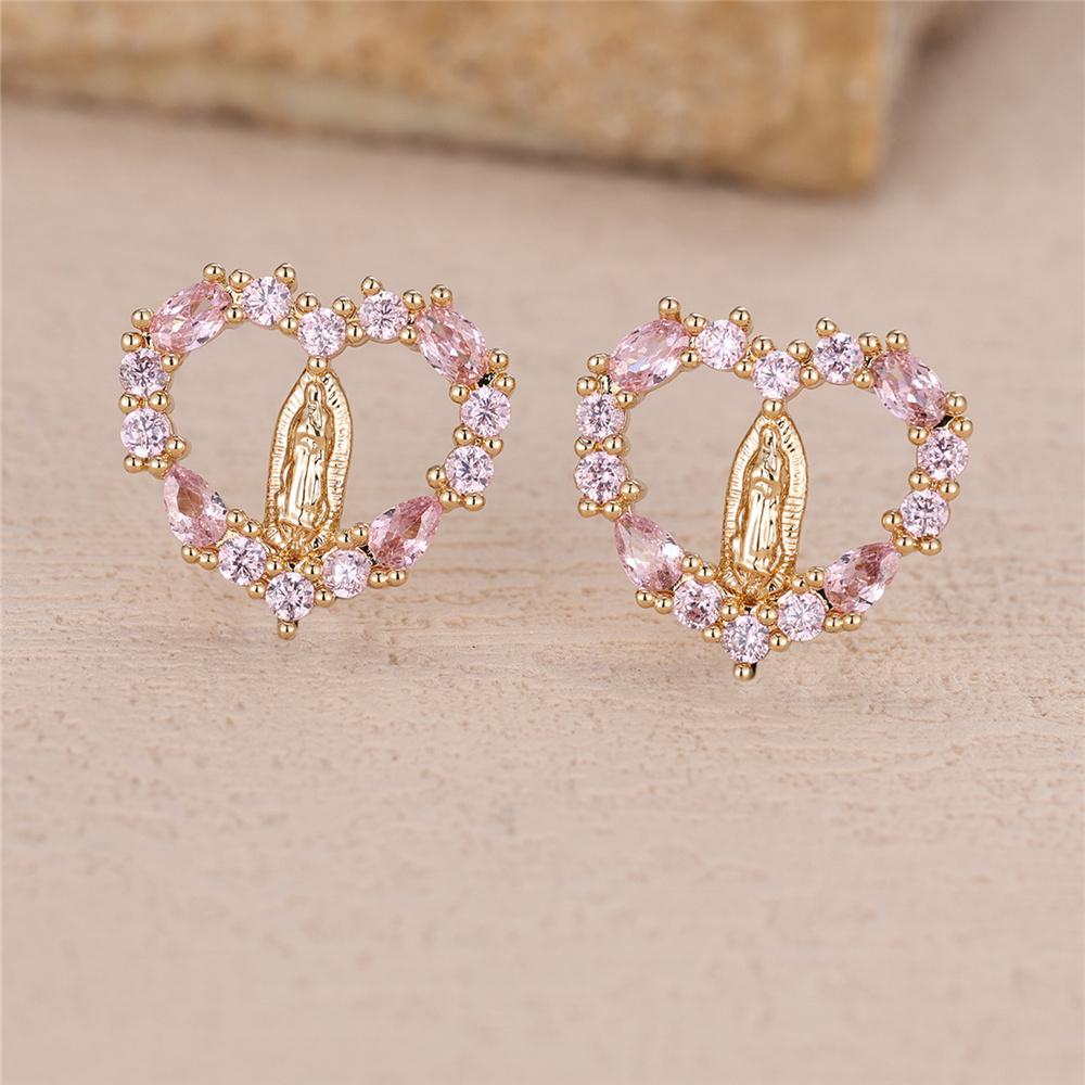 

Cute Female Stone Pink Blue Zircon Love Heart Stud Earrings Gold Color Wedding Jewelry For Women
